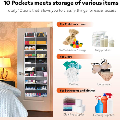 Over the Door Organizer 5 Tiers, Extra Large Storage with 10 Compartments, 50 lbs Capacity for Closet, Diaper Organizer
