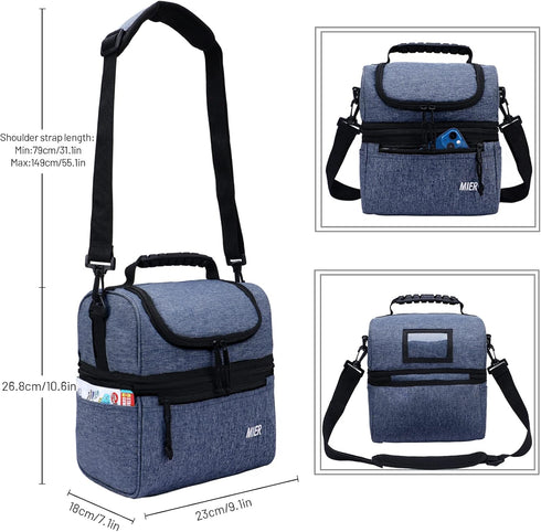 MIER 2 Compartment Lunch Bag, Leakproof Insulated Cooler Bag for Work, Bluesteel, Medium