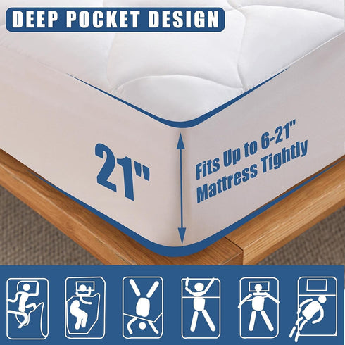 Full Size Quilted Waterproof Mattress Pad, Breathable Cooling Protector, 21 Inches Deep Pocket, Noiseless Cover