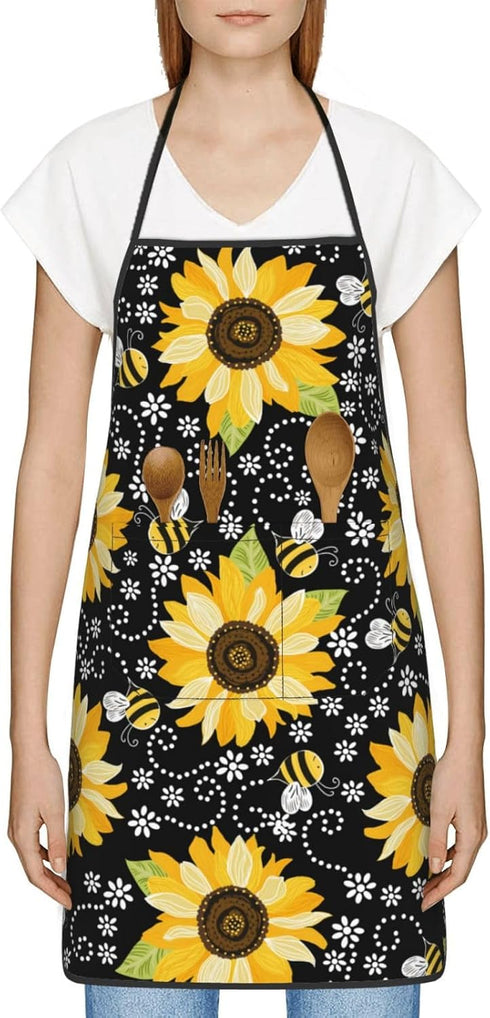 Sunflower Bees Oven Mitts and Pot Holders Set, 5 Silicone Sunflowers Kitchen Gloves and Apron Set