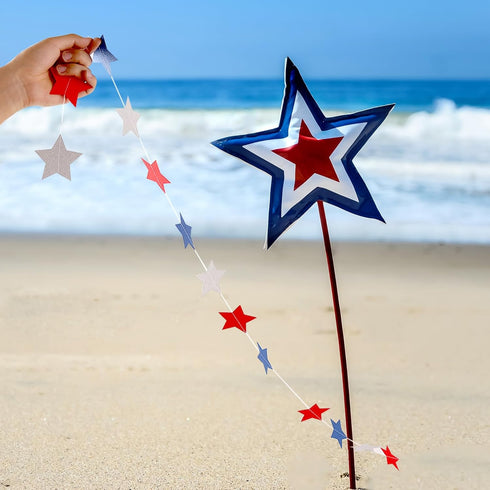 Frienda 44.3 ft Red Blue White Star Streamers, Patriotic 4th of July Decorations, 3 Pack Star Garland