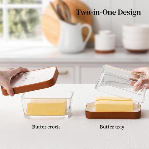 3 2-in-1 Countertop, Safe-Cozy DOWAN Glass Butter Dish with Ceramic Lid, Large Butter Container for Sticks, Butter Dish