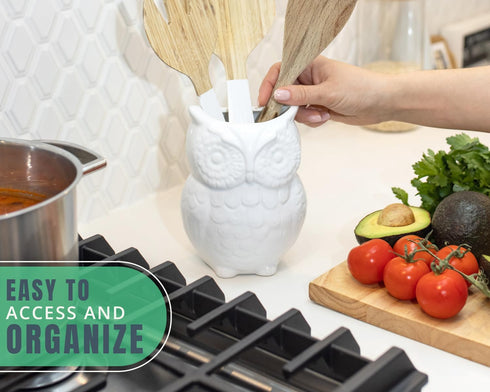 Comfify Owl Utensil Holder, Decorative Ceramic Cookware Crock & Organizer in White - Perfect Kitchen Décor Gift