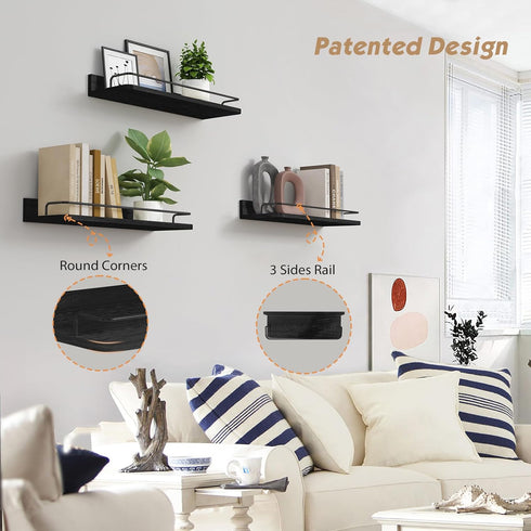 17 Inch Long-Set 3 Forbena Black Floating Shelves for Wall, Bahtroom Wall Shelves Over Toilet, Rustic Hanging Shelf