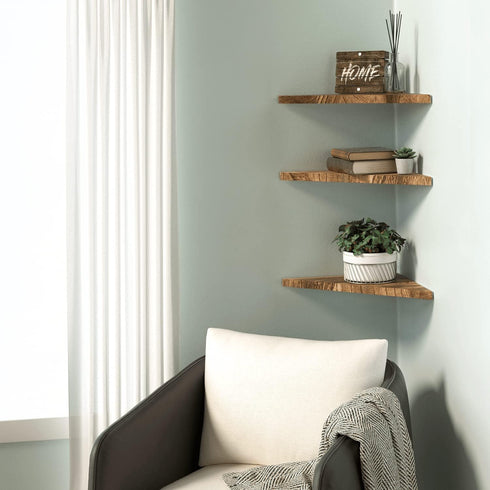 Set 3 Wall Mounted Rustic Wood Straight Edge Corner Shelf Storage Rack, Bookcase, Floating Shelves Home Decor