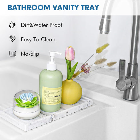 Bloss Silicone Bathroom Tray with Soap Holder - 7.9" Marble Vanity Tray for Bathroom Counter, Sponge Holder