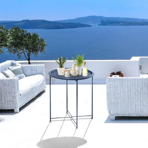 4 Garden you End Table Metal Side Table Blue Round Folding Tray Cyan Sofa Small Accent Fold-able Table, Round End Table