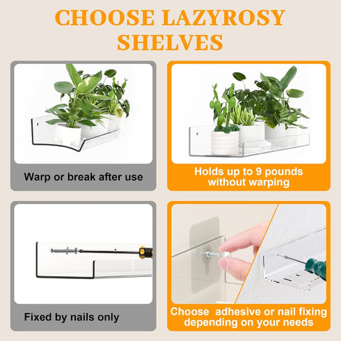 4 Pack LAZYROSY Floating Shelves Clear Acrylic/PET Wall-Mounted No Drill Storage with Adhesive, Invisible Bathroom