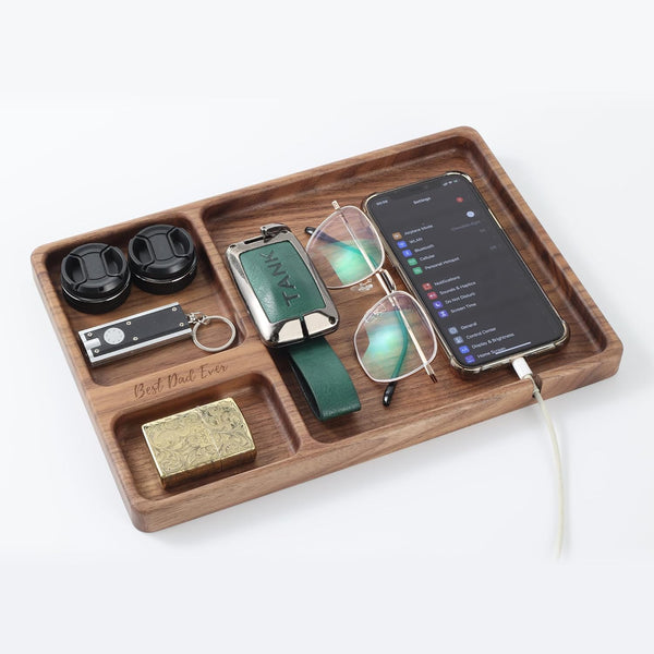 Best Dad Ever Valet Tray - Walnut Wood Nightstand Organizer for Men