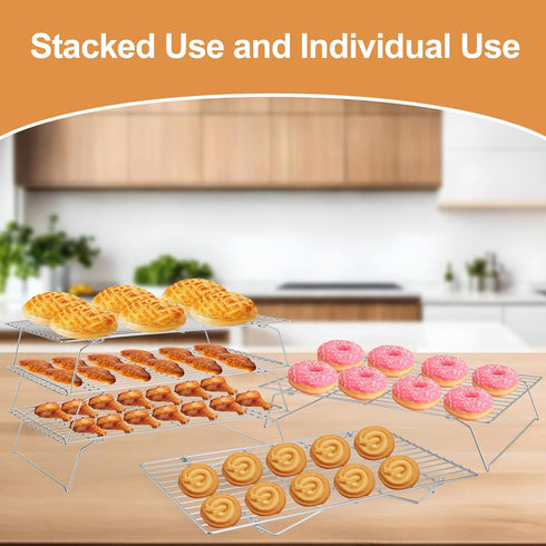 Cooling Rack for Baking, 3 Tiers, 16" x 10" Stackable Collapsible Nonstick Stainless Steel Baking Racks