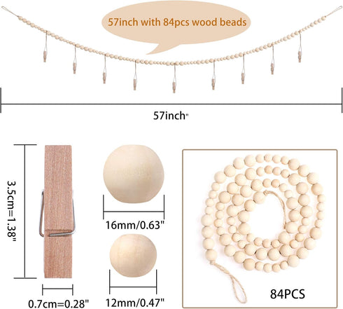 Wall Hanging Photo Display with Wooden Beads Garland, Collage Picture Frame for Boho Home Decor