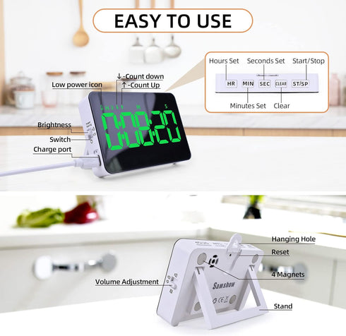 Rechargeable Digital Kitchen Timer for Cooking, Magnetic Timer with 5” LED Display, Adjustable Brightness and Volume,