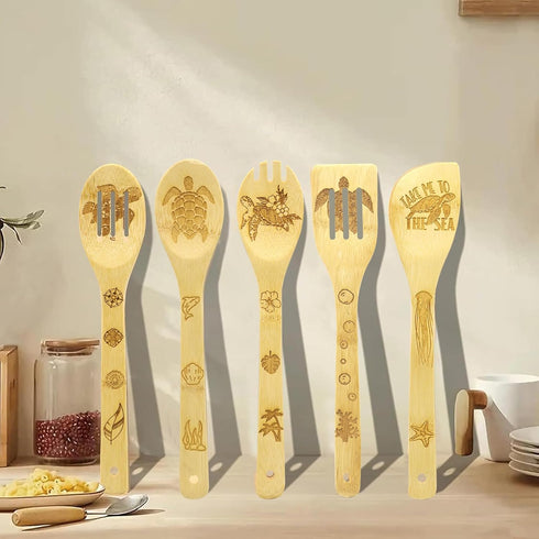 Sea Turtle Gifts for Women, Kitchen Decor Cooking Utensils Set with Unique Bamboo Cooking Spoons, Apron, Personalized