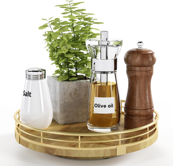 Farmhouse Oak 9" Lazy Susan Turntable Organizer for Cabinet, Round Wooden Storage for Dining Table, Kitchen, Home Decor