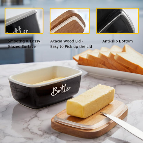 Countertop, Counter Black Butter Dish, ALELION Large Ceramic Butter Dish with Lid for Butter Keeper Container
