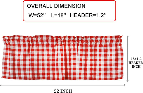Buffalo Red and White Check Kitchen Window Valance - 2 Pack Half Short Gingham Plaid Home Decor Curtain