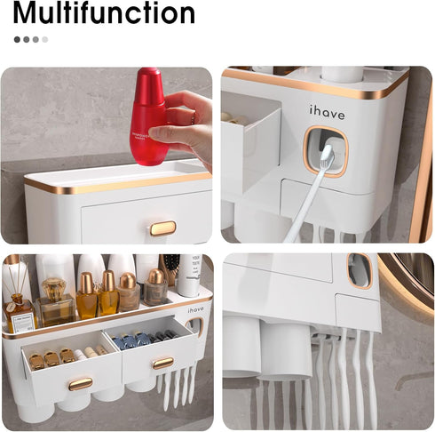 4 iHave Toothbrush Holders Wall Mounted with Toothpaste Dispenser & Cups - Premium White and Gold Design for Bathroom