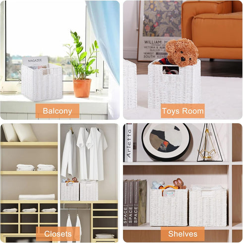 Vagusicc Wicker Storage Basket, Set of 2 Foldable Cube Storage Bins, 11 Inch Square (White)