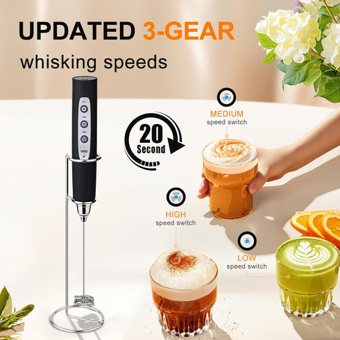 YUSWKO Black Handheld Milk Frother Wand with Stand, Rechargeable Electric Whisk with 3 Heads, 3 Speeds Drink Mixer