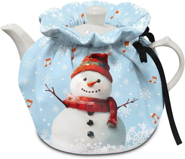 Blue Snowman and Red Music Tea Cosy, Soft Fabric Dustproof Tea Pot Cozies for Home Kitchen