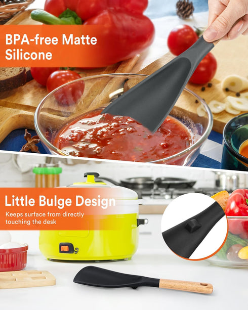 Cooking Spoon for Nonstick Cookware, Durable BPA-Free Matte Silicone, Wood Handle Spoon for Mixing, Scoop, and Scrape