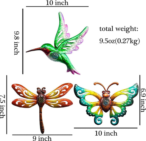 YNGFIL Hummingbird Butterfly Dragonfly Metal Wall Art, 3 Pack 9 Inch Hanging Decor for Indoor Outdoor