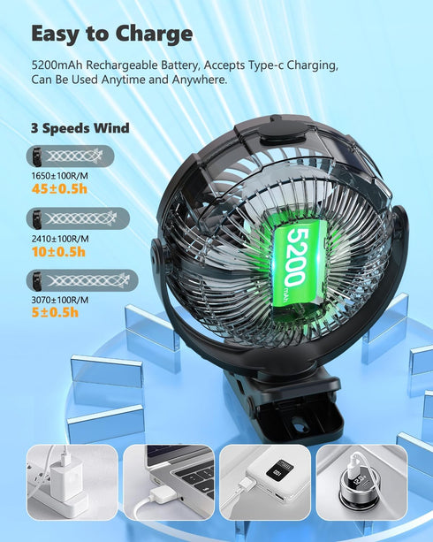 3-in-1 100ML 5200mAh 360 3 Ausic Portable Clip on Fan with Misting & LED Lights & Hook, Baby Stroller Fan, Rechargeable
