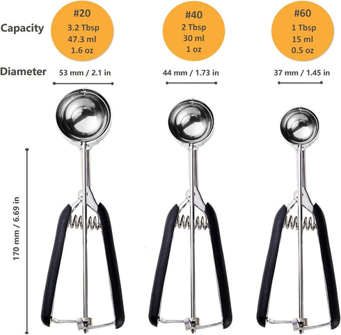 Cookie Scoop Set, 3Pcs Ice Cream Scoop, Cookie Scoops for Baking Set of 3, 18/8 Stainless Steel Cookie Scooper for Baking, Ice Cream Scooper with Trigger Release, Cookie Dough Scoop with Non-slip Grip