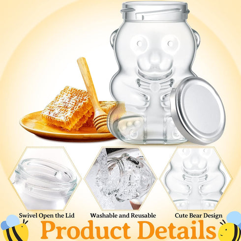 24 Pack 9.5 oz Patelai Glass Bear Shaped Honey Jars with Lids Reusable Small Tilted Bear Glass Bottles Containers