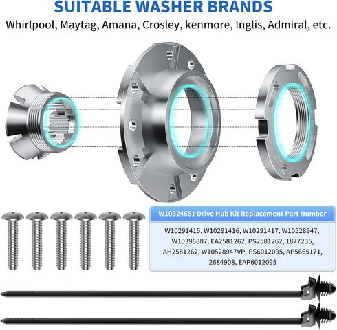 Upgraded W10324651 Hub Replacement Kit for Whirlpool Maytag Kenmore, Replaces W10528947 Metal Washer Basket Drive Hub
