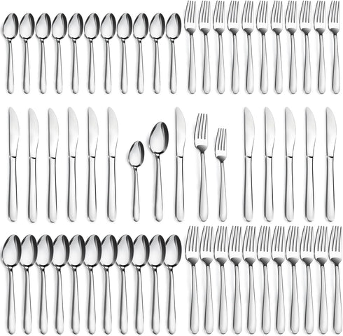 Pleafind 60-Pcs Premium Stainless Steel Silverware Set, Service for 12, Mirror Polished Forks, Spoons, Knives,