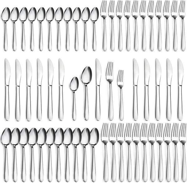 Pleafind 60-Pcs Premium Stainless Steel Silverware Set, Service for 12, Mirror Polished Forks, Spoons, Knives,