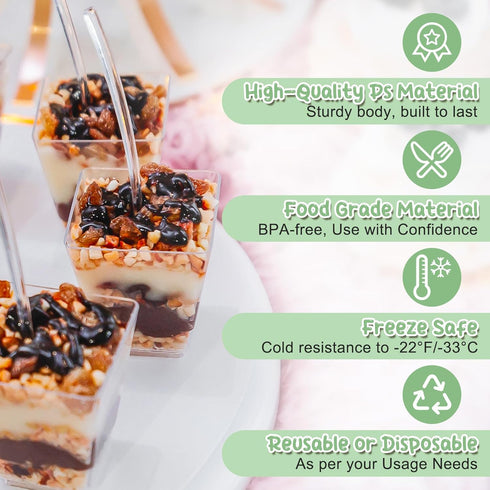 290 Pack 5 oz Plastic Dessert Cups with Lids, Clear Appetizer Cups with Spoons Square Mini Shooter Dessert Fruits Cups