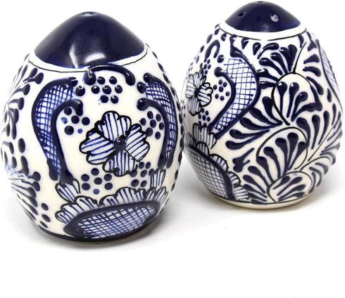 Encantada Handmade Hand-Painted Authentic Mexican Pottery, Salt and Pepper Shaker Set, Blue Flower (MC085F-K2)