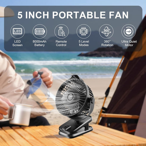TRILINK 8000mAh 5 5" Small Clip on Fan with Remote Control | Battery | Speeds | Portable Rechargeable Mini Desk/Table