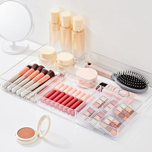 SMARTAKE 6 PCS Clear Plastic Drawer Organizers Set, Large Non-Slip Organizer Trays for Makeup, Office, Kitchen