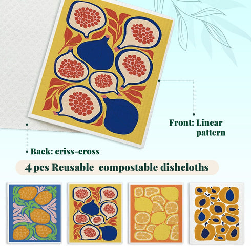 LARTSFRO Summer 4 Pack Swedish Dishcloths for Kitchen, Papaya Reusable Paper Towels Washable, Lemon Pineapple Swedish