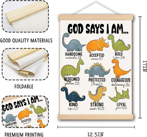 DNEULYR 12x16 Inch Dinosaur Wall Decor, God Says I am Nursery Wall Art With Wooden Poster Hanger, Dinosaur Room Decor