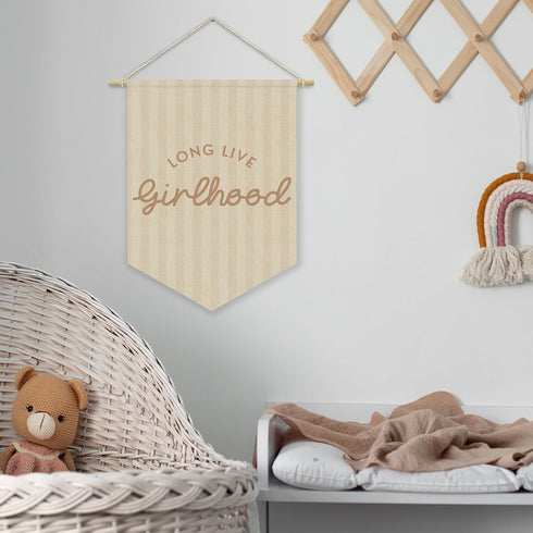 XYDEG 15x11in Girl Nursery Decor, Long Live Girlhood Linen Canvas Banner, Neutral Striped Wall Hanging Pennant Flag