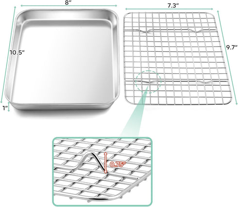 TeamFar Toaster Oven Pan with Cooling Rack Set, 10.5’’ x 8’’ x 1’’ Stainless Steel Compact Toaster Oven Small Baking Pan Tray with Mini Grid Rack, Non-Toxic & Heavy-Duty, Dishwasher & Oven Safe