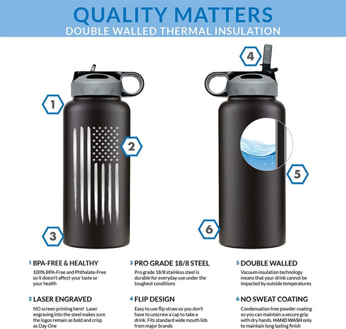 32oz American Flag Stainless Steel Insulated Water Bottle - Engraved USA Flag Gift Set | Flag 32 oz Water Bottle