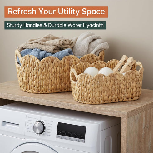 Set 2,Water Coeusy Scalloped Basket of Hyacinth Basket for Organizing and Decor,Hand-Woven Wicker Storage Baskets