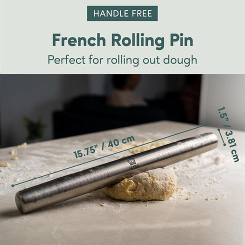 Ultra Cuisine French Rolling Pin for Baking – Tapered Stainless Steel Design with Measurements for Professional or Home