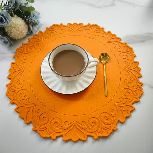 Round Placemat for Dining Table, Set of 6, Orange, PU Waterproof Heat Insulation Stain Resistant Non-Slip Washable Mat