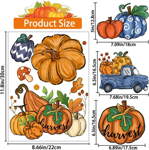 6 Sheets Fall Window Clings, Double-Sided Window Stickers with Orange Maple Leaves Pumpkins for Thanksgiving Home