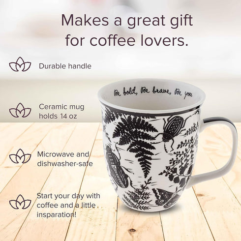 Karma Gifts 16 oz Black and White Boho Mug Beetle, Cute Ceramic Coffee and Tea Mug