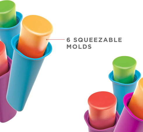 Zoku Summer Pops - 6 Squeezable Silicone Molds with Reusable Spill-resistant Lids and Tray