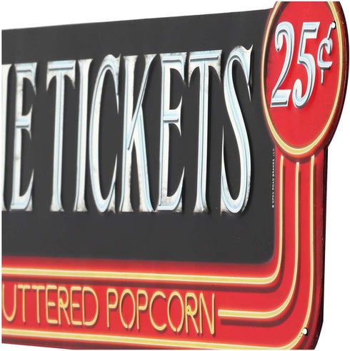 Movie Tickets 25 Cents Embossed Metal Sign - Large Vintage Wall Art with Arrow for Movie Room
