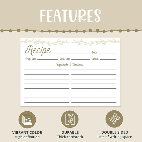 Dekali Designs Rustic Recipe Cards 4x6 Inches (50 Pack) Double Sided with Cute Floral Design