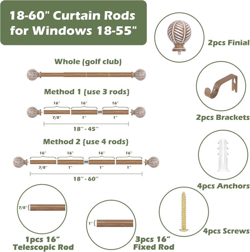 Wood Curtain Rods 18 to 60 Inch, 1 Inch Boho Adjustable Imitation Wood Grain Decorative Rods